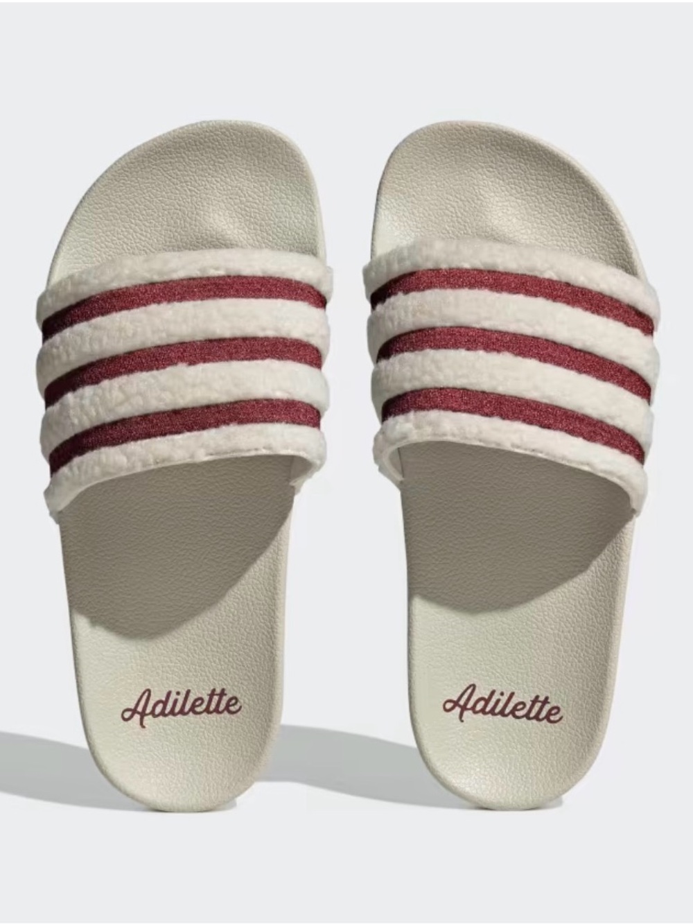 Adilette Fuzzy Strap Slide Sandals in Cream with Burgundy Stripes